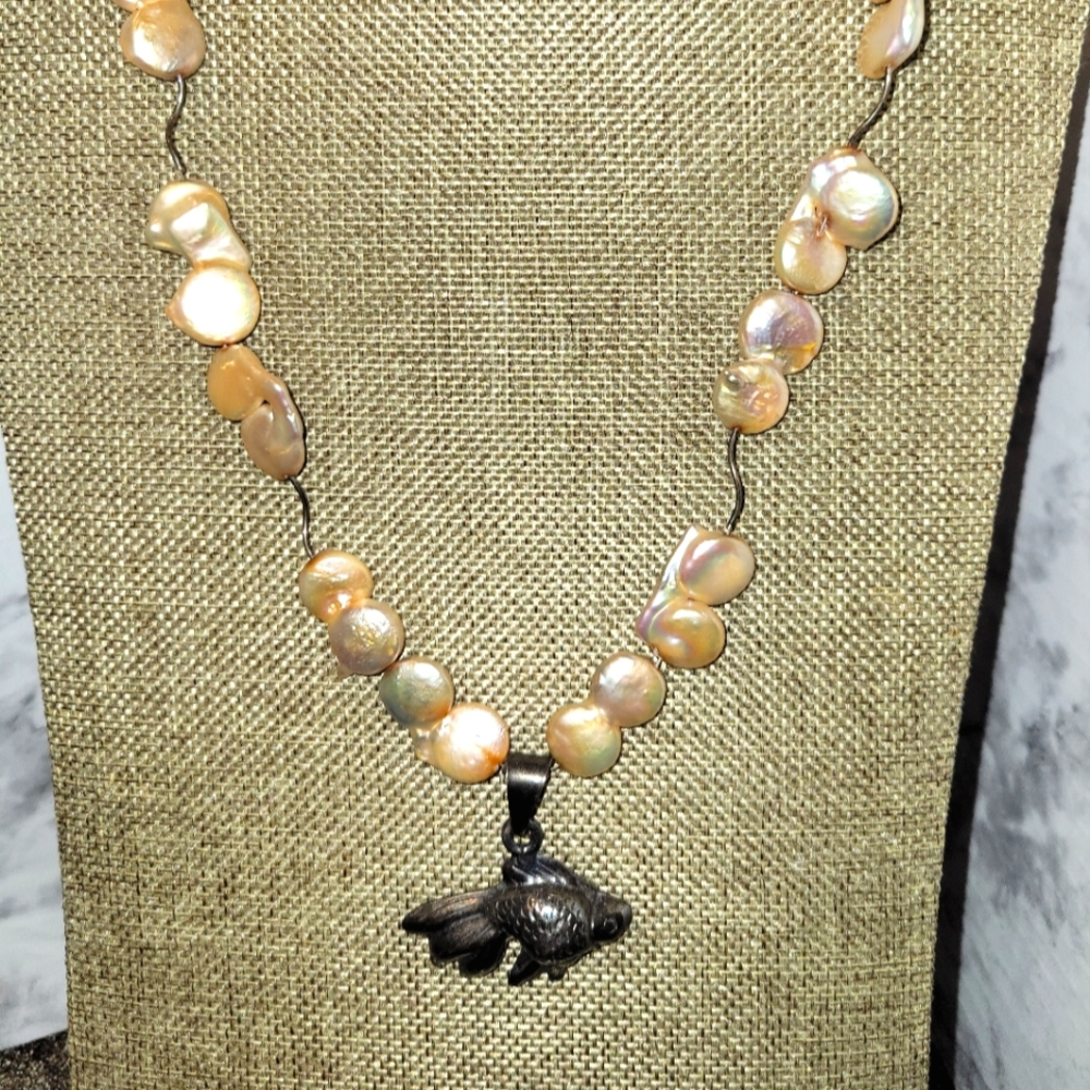 Blush peachy pink pearl goldfish artisan necklace